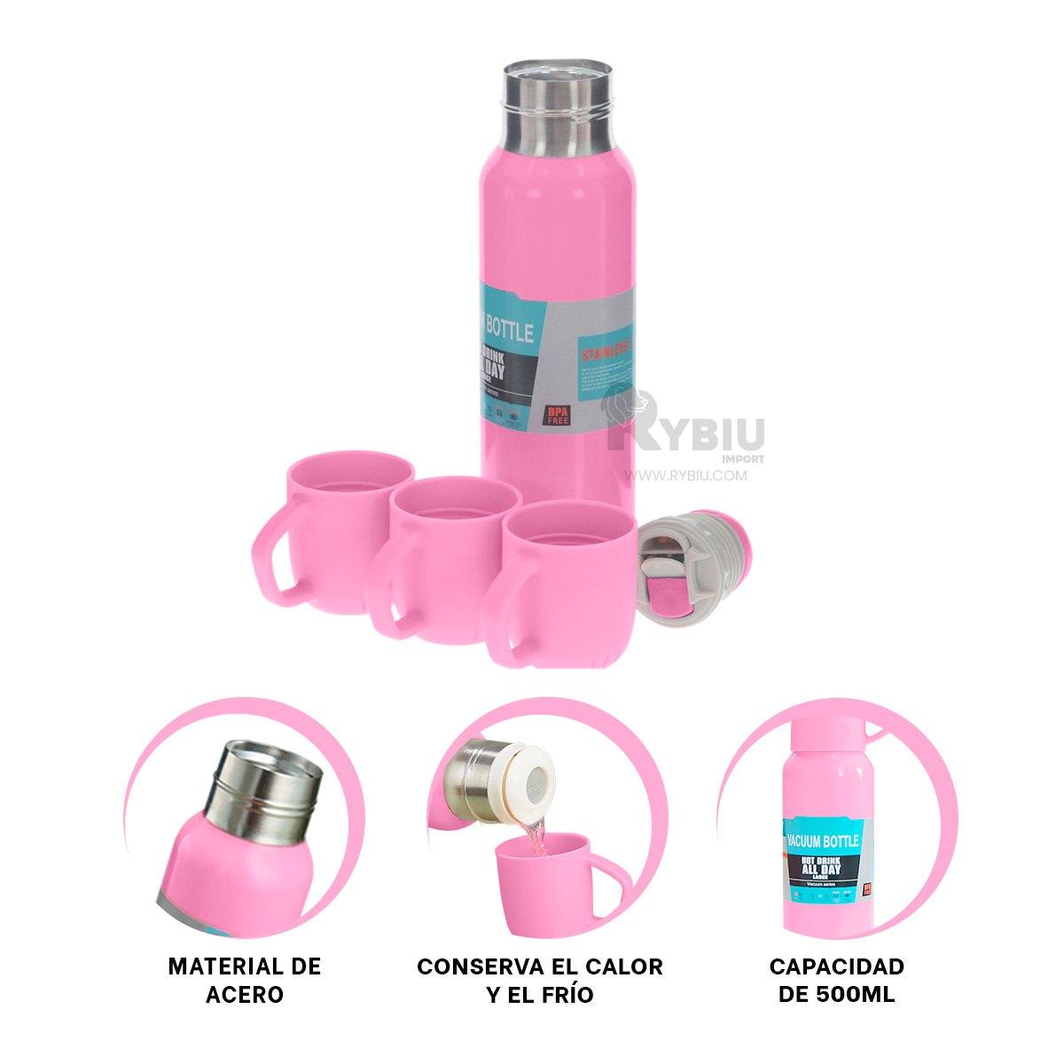 FRASCO TERMICO EN ROSADO 500ML Y+ENVOLTORIO DE REGALO - 3