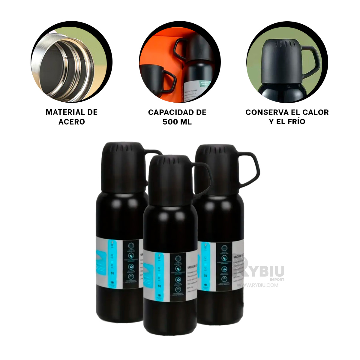 BIDÓN RYBIU CO32131 ACERO TERMO AISLANTE TONO NEGRO 500ML + REGALO AGENDITA - 1