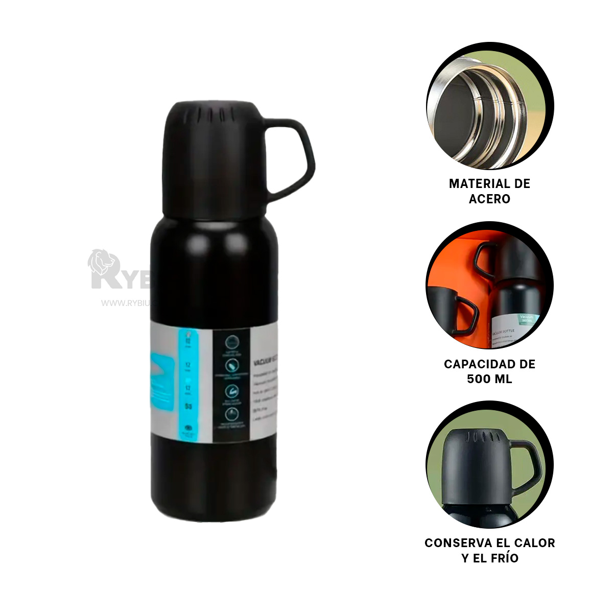 BIDON TERMICO EN COLOR NEGRO 500ML Y+ENVOLTORIO DE REGALO - 4