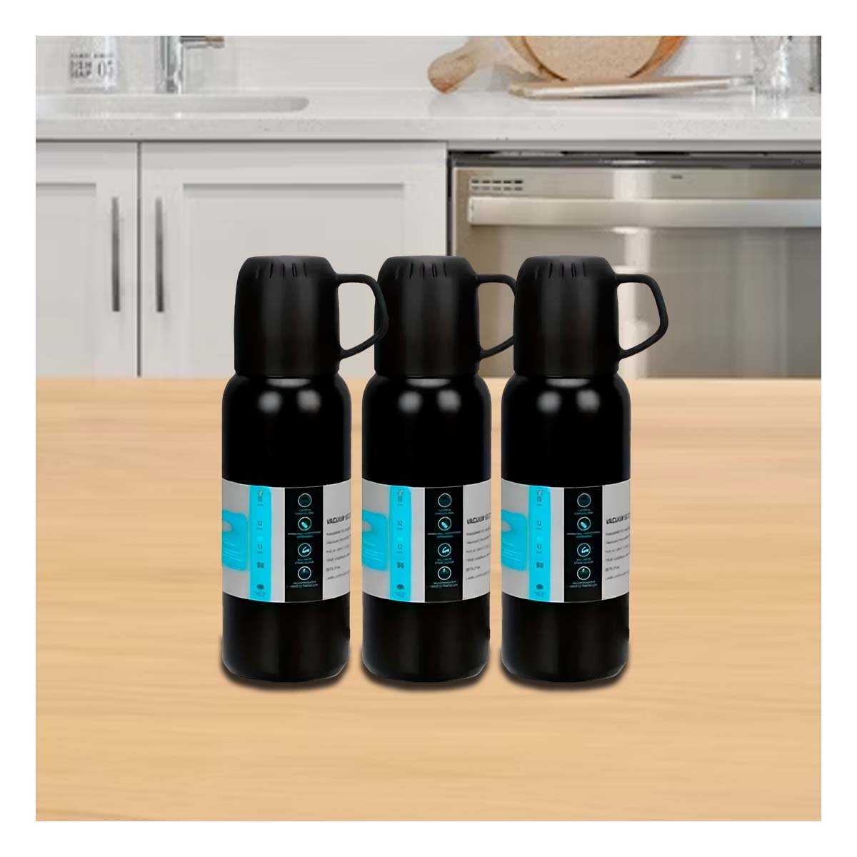 CANTIMPLORA MODERNA 500 ML CON 3 TAZAS NEGRO PARA ESTILO URBANO Y+LIGAS REGALO - 2