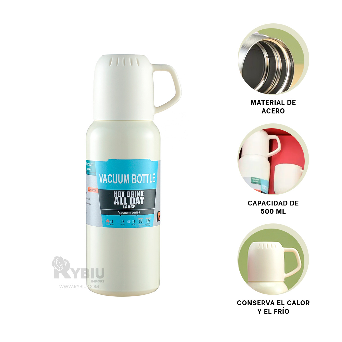 BIDÓN RYBIU CO32132 ACERO TERMO AISLANTE TONO CREMA 500ML + REGALO AGENDITA - 3