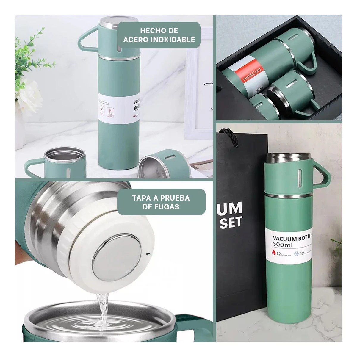BOTELLA CONSERVADORA CON DOS TAZAS PARA CAFE Y TE VERDE Y+LIGAS REGALO - 5