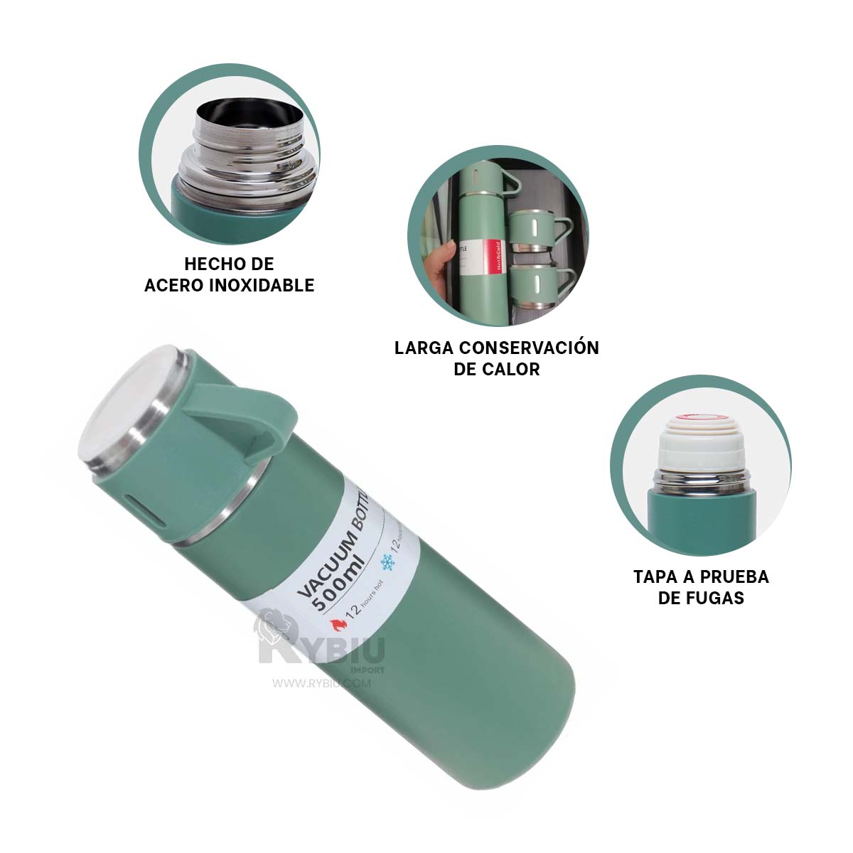 TERMO RYBIU CO30480 ACERO INOXIDABLE VERSÁTIL TAPITAS VERDE + PAPEL REGALO - 2