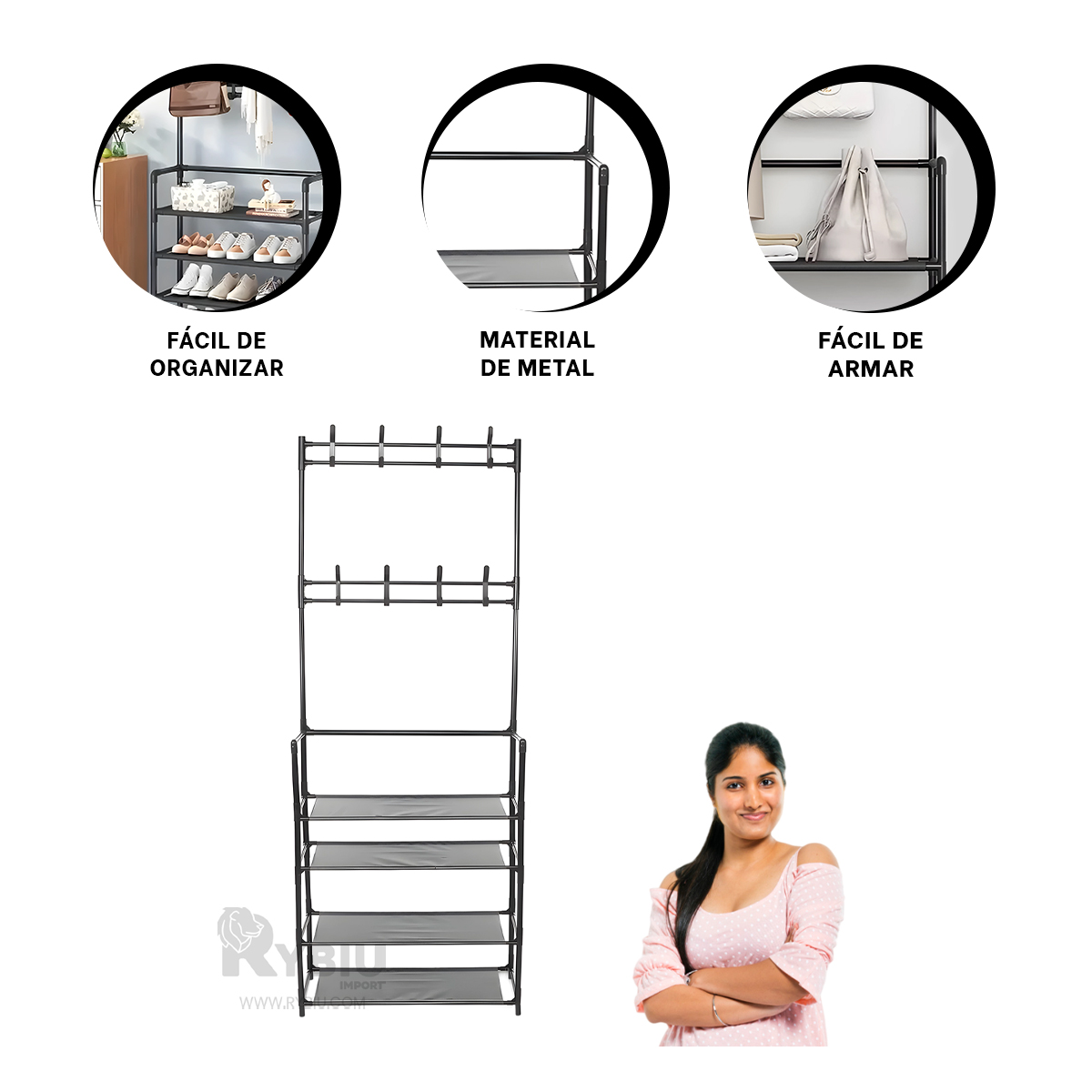 RACK RYBIU RECTO NEGRO MULTIUSO CON PERCHAS + BANDERITAS ADHESIVAS - 4