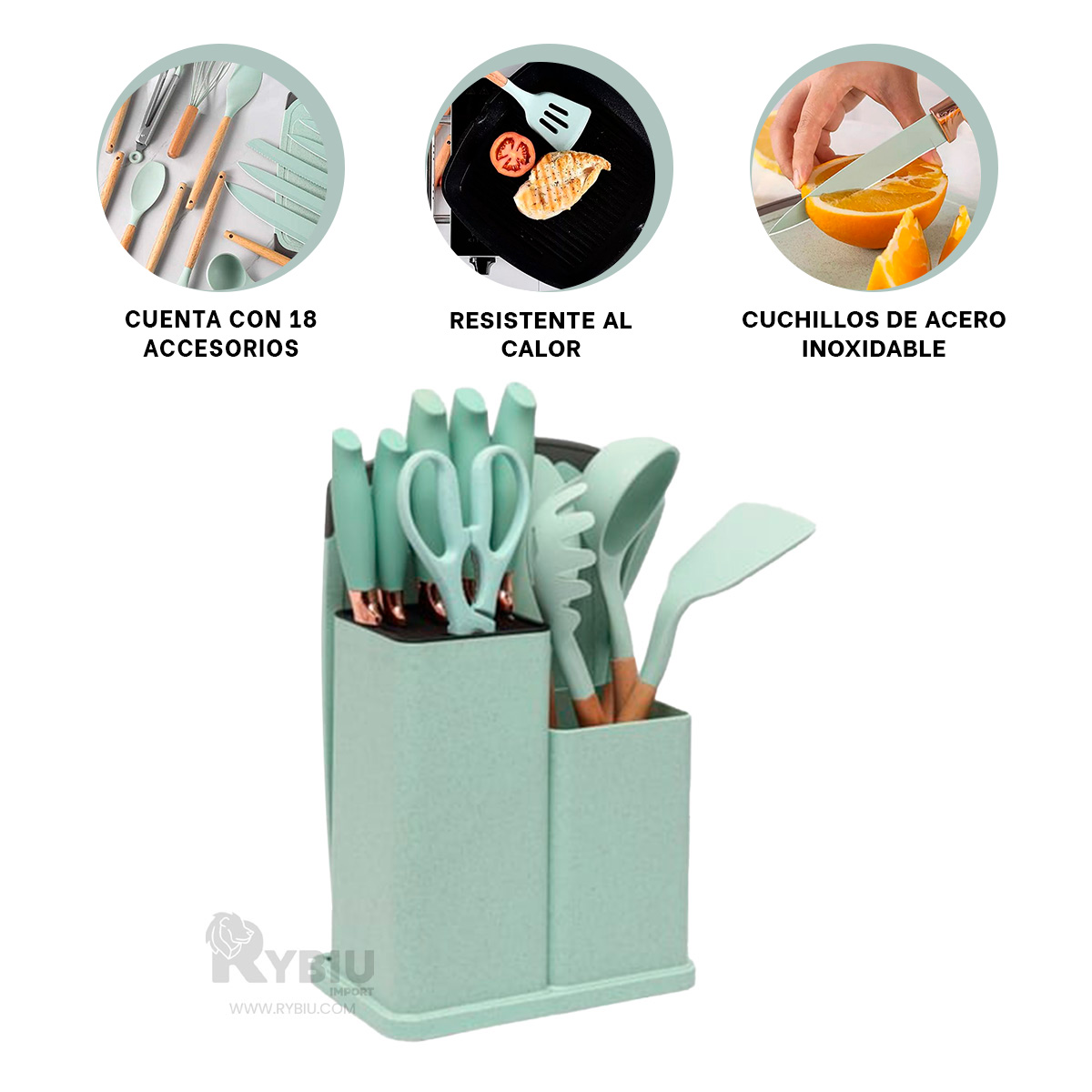 SET ACCESORIOS COCINA RYBIU CO29819 VERDE UTENSILIOS MODERNO + GIFT STICKERS - 3