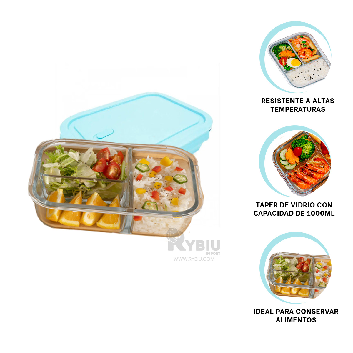 ENVASE PARA ALMUERZO RYBIU CO30468 VIDRIO CELESTE +REGALO LIGAS PARA PEINAR - 3