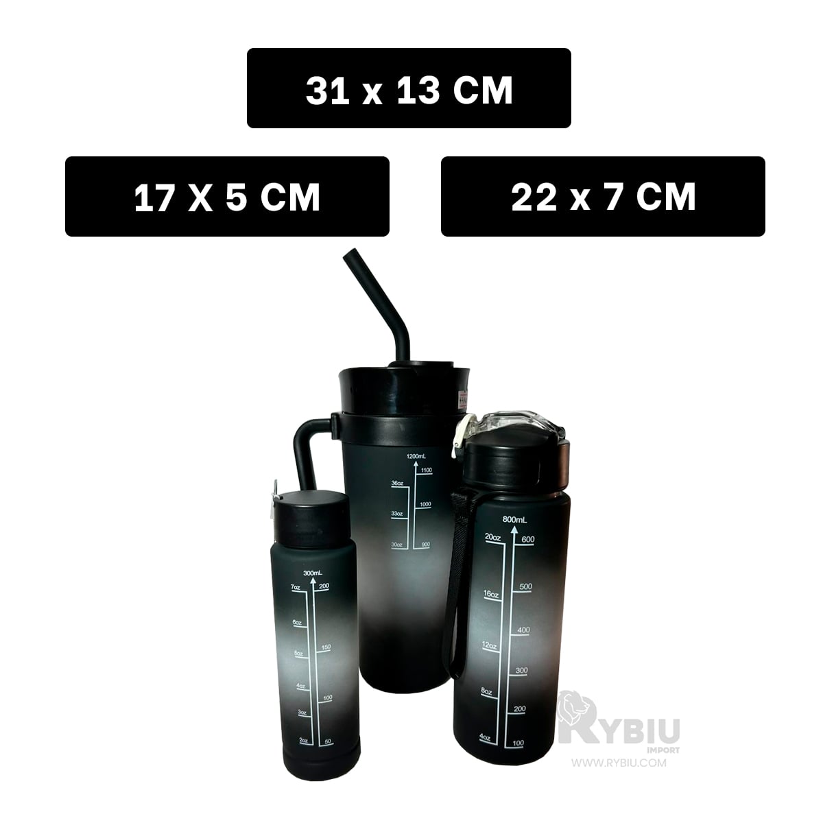 BOTELLAS RYBIU CO30088 CON DIFERENCIAS NEGRO 3 UNIDADES + GIFT STICKERS - 5