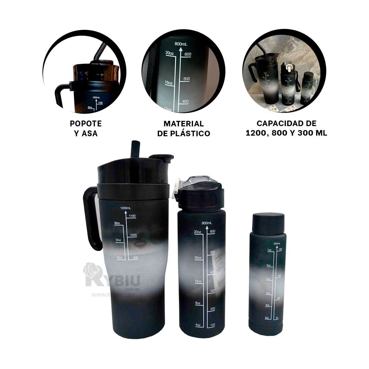 BOTELLAS RYBIU CO30088 ESTAMPADO 2D NEGRO 3 UNIDADES + REGALO AGENDITA - 3