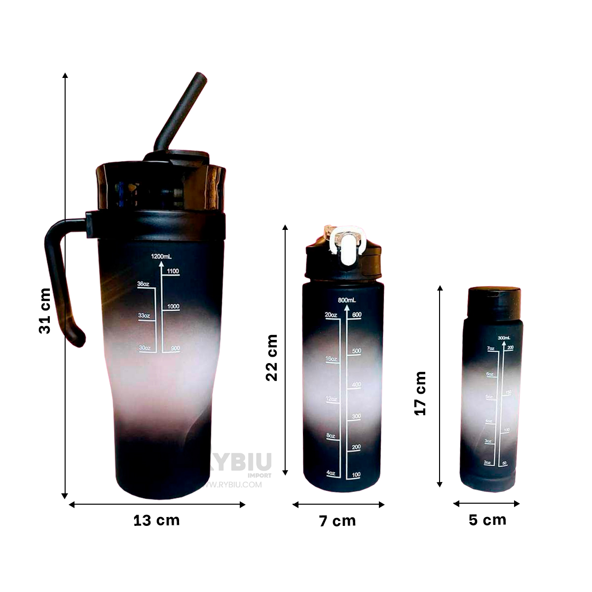 BOTELLAS RYBIU CO30088 ESTAMPADO 2D NEGRO 3 UNIDADES + REGALO AGENDITA - 5