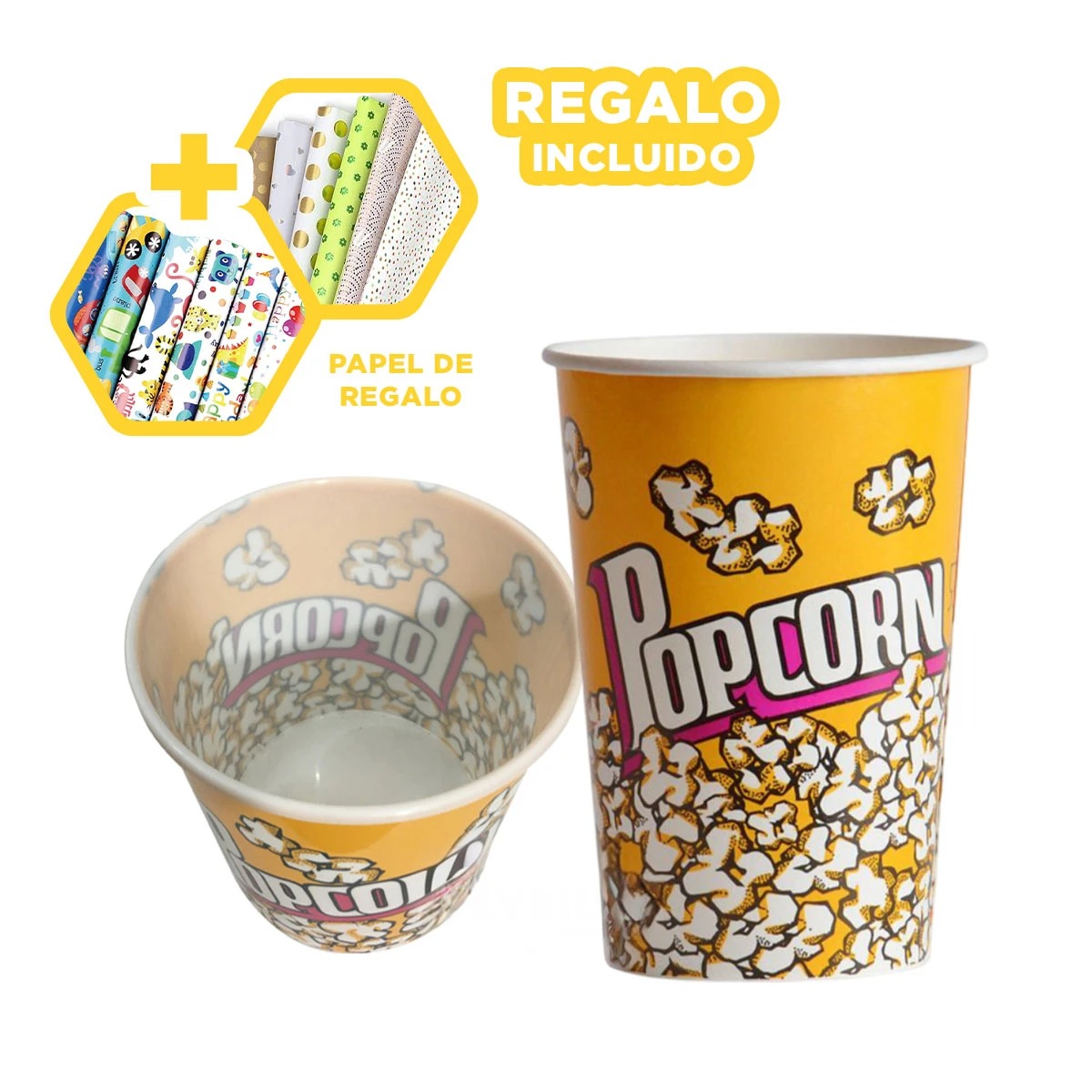 CUBETA UTIL DE PALOMITAS DELGADO AMARILLO Y+PAPEL DE REGALO - 1