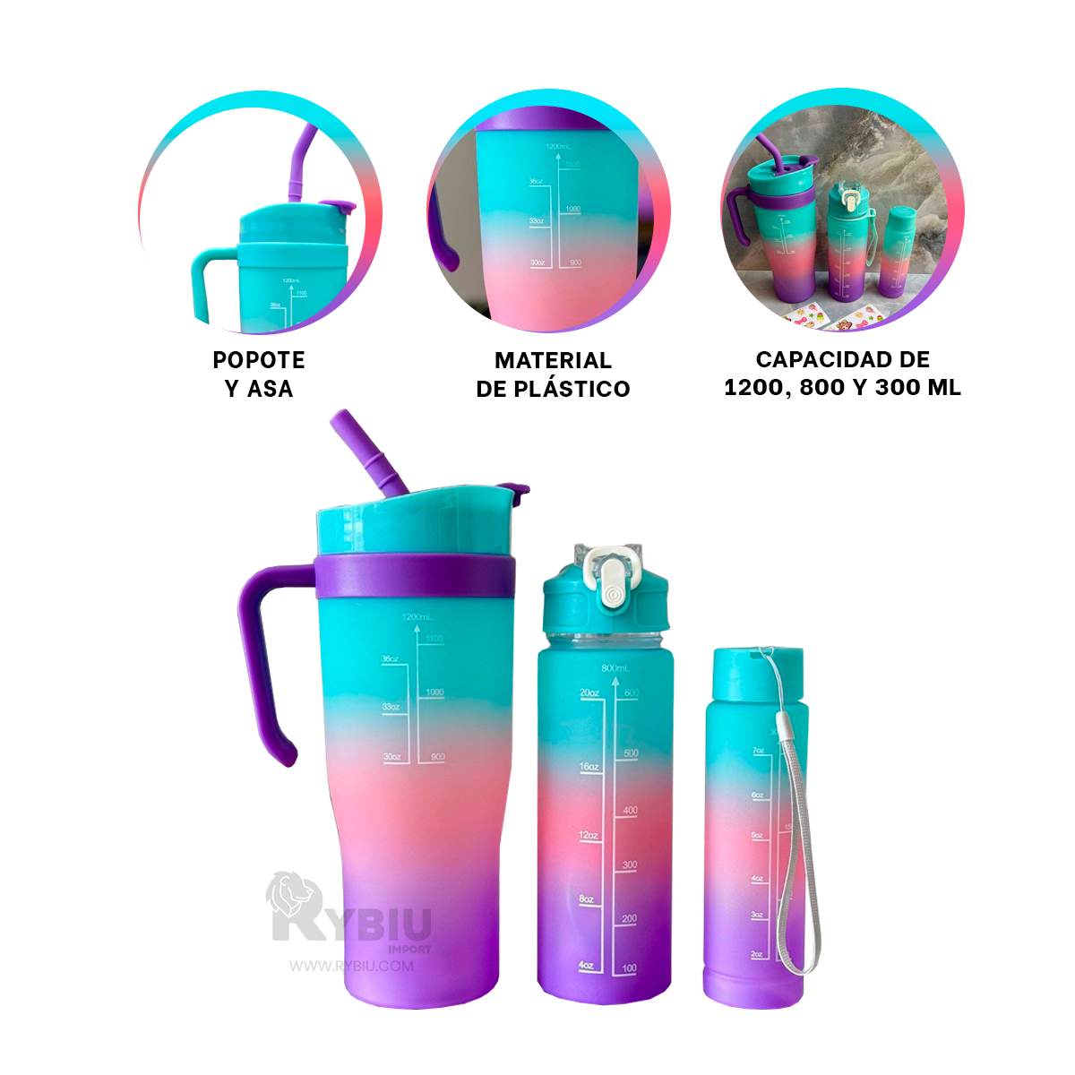 BOTELLAS RYBIU CO30087 ESTAMPADO 2D CELESTE 3 UNIDADES + REGALO AGENDITA - 3