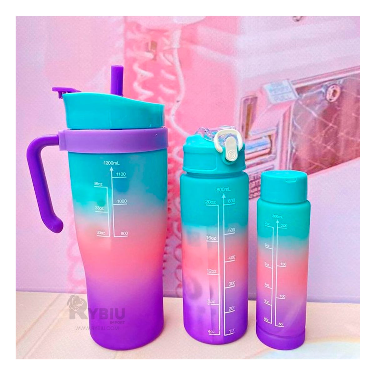 BOTELLAS RYBIU CO30087 ESTAMPADO 2D CELESTE 3 UNIDADES + REGALO AGENDITA - 4