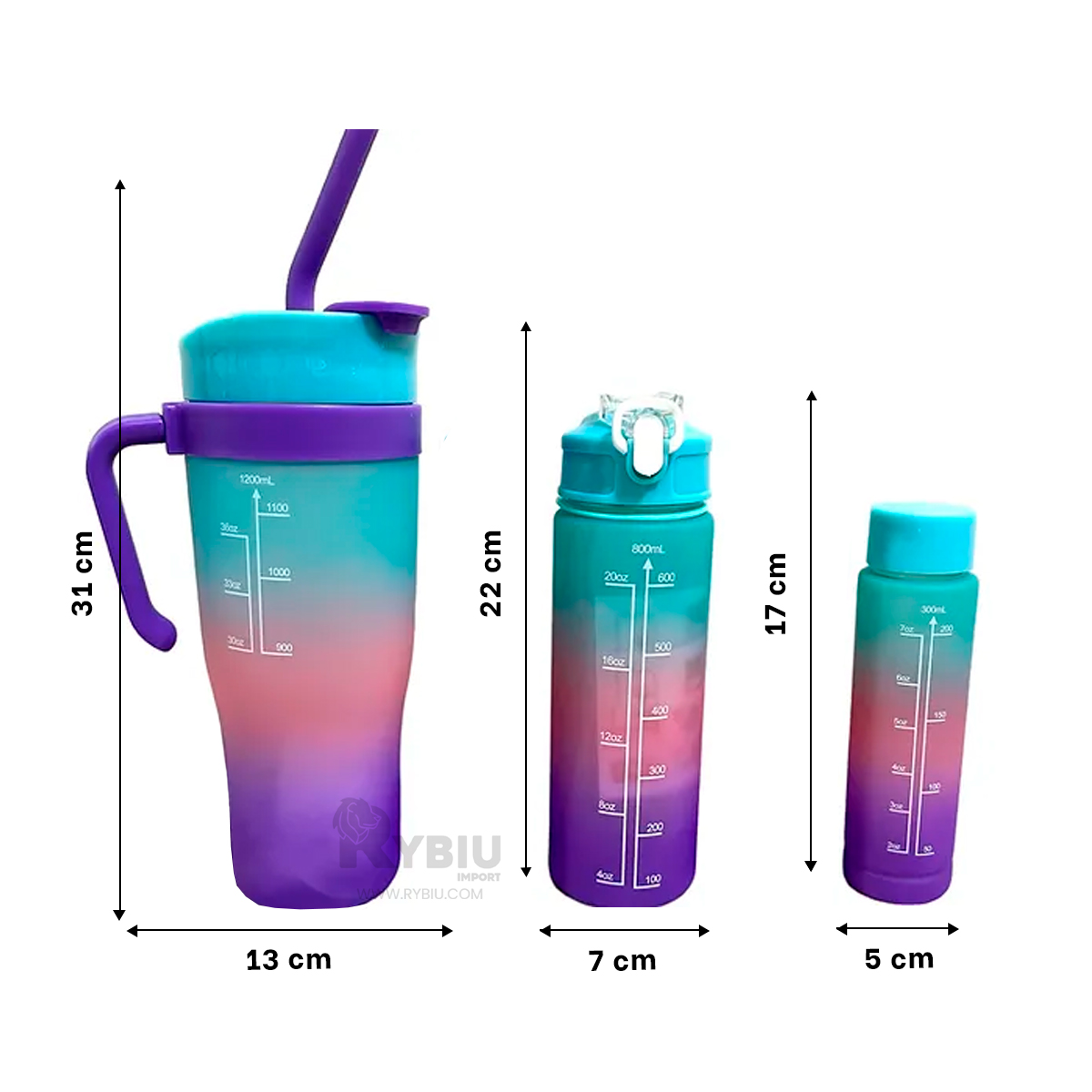 BOTELLAS RYBIU CO30087 ESTAMPADO 2D CELESTE 3 UNIDADES + REGALO AGENDITA - 5