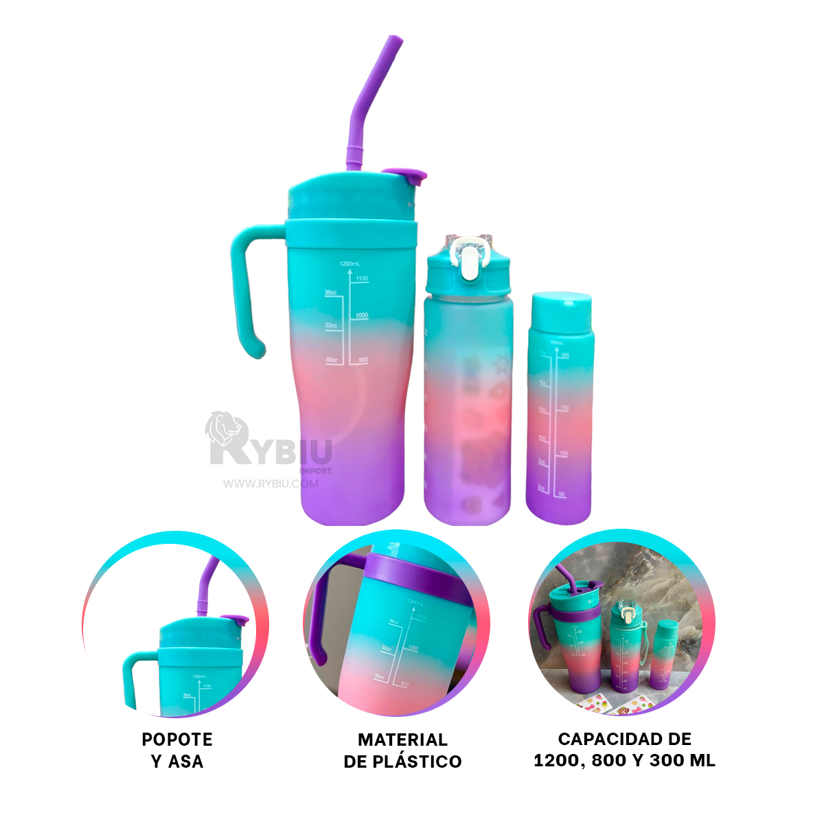 SET TRIO ENVASE RYBIU CO30087 AGUA CELESTE + REGALO LIGAS PEINAR - 1