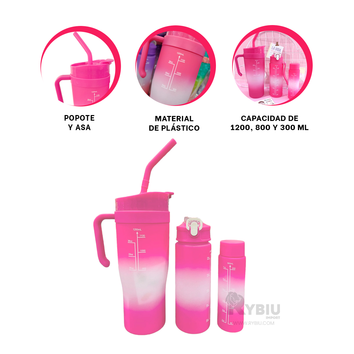 SET TRIO ENVASE RYBIU CO30086 AGUA FUCSIA + REGALO LIGAS PEINAR - 1