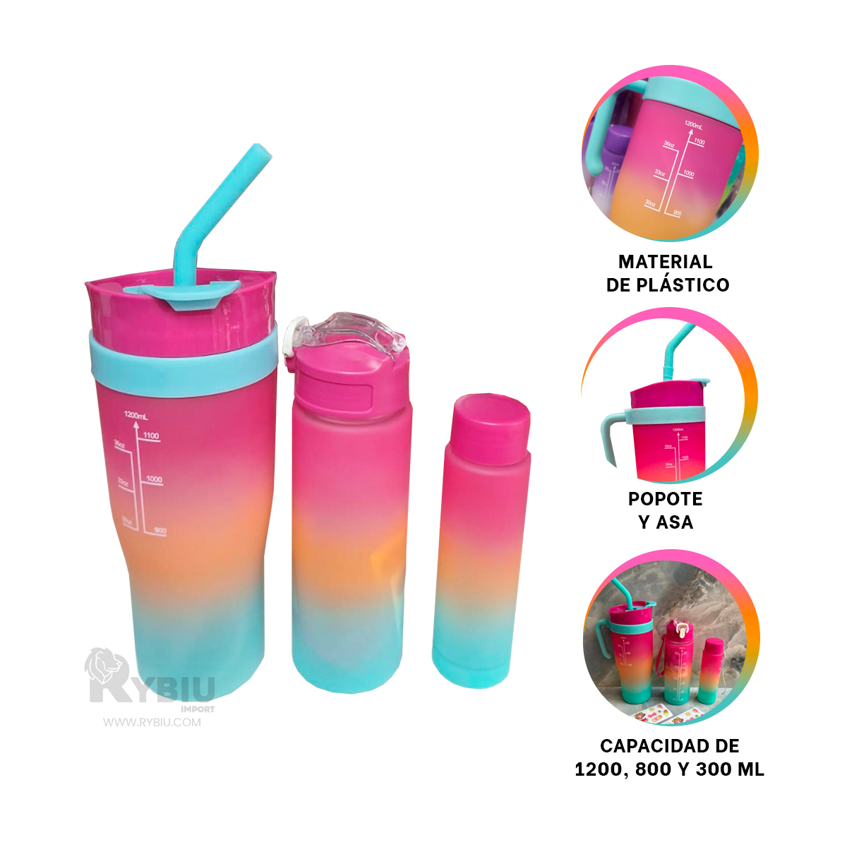 BOTELLAS RYBIU CO30084 ESTAMPADO 2D FUCSIA 3 UNIDADES + REGALO AGENDITA - 1