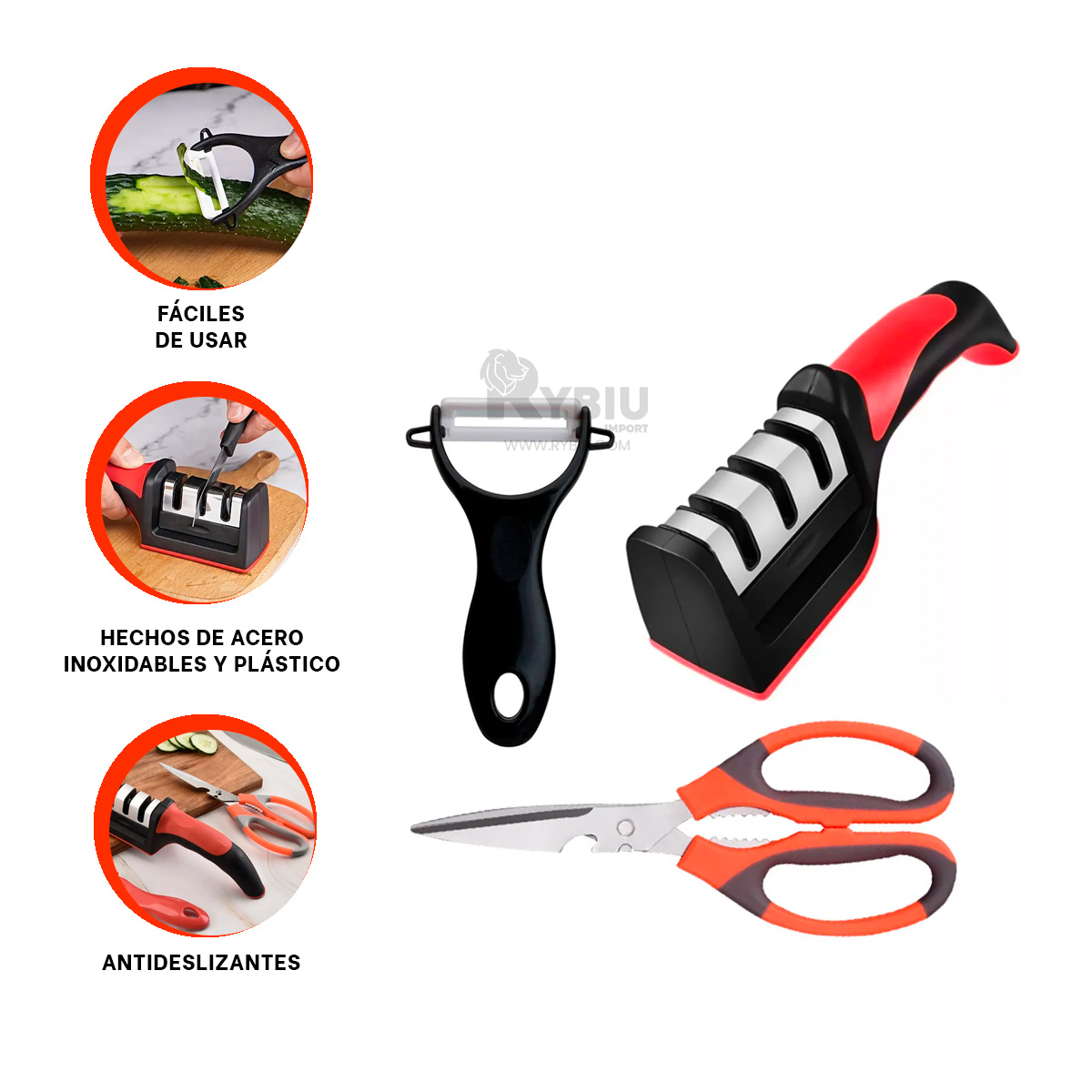 SET ACCESORIOS COCINA RYBIU CO30050 NEGRO AFILADOR DURADERO + PAPEL REGALO - 1
