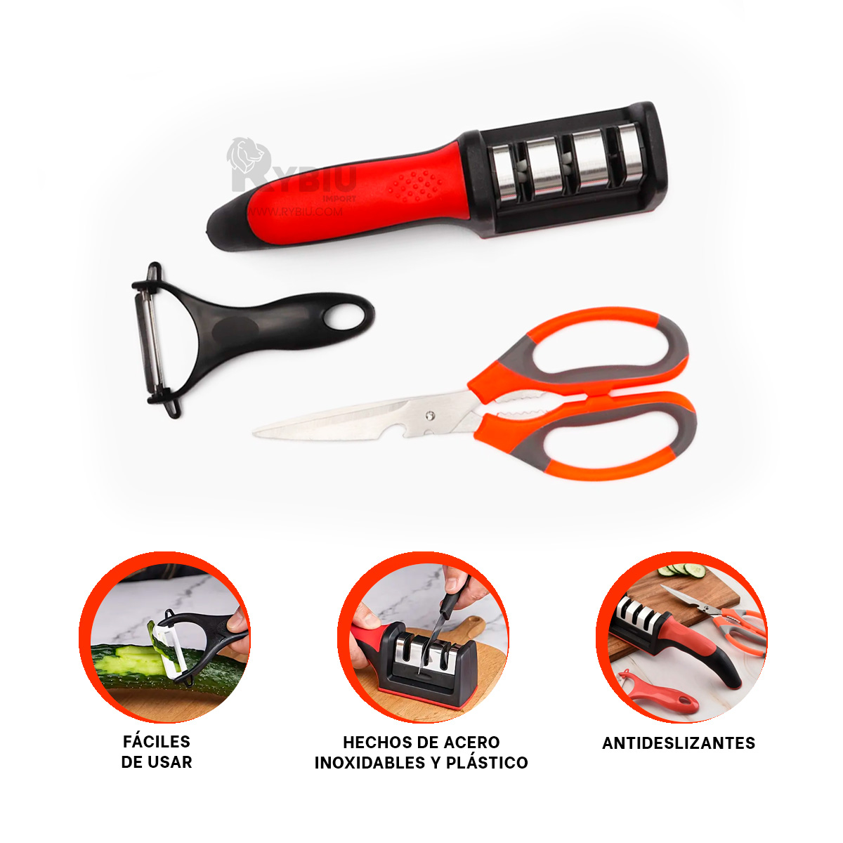SET ACCESORIOS COCINA RYBIU CO30050 NEGRO AFILADOR DURADERO + PAPEL REGALO - 2