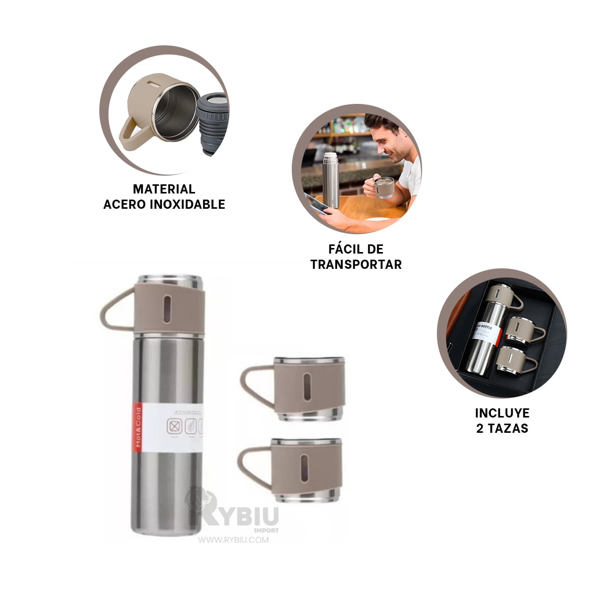 TERMO RYBIU CO30482 ACERO INOXIDABLE VERSÁTIL TAPITAS MARRÓN + PAPEL REGALO - 2