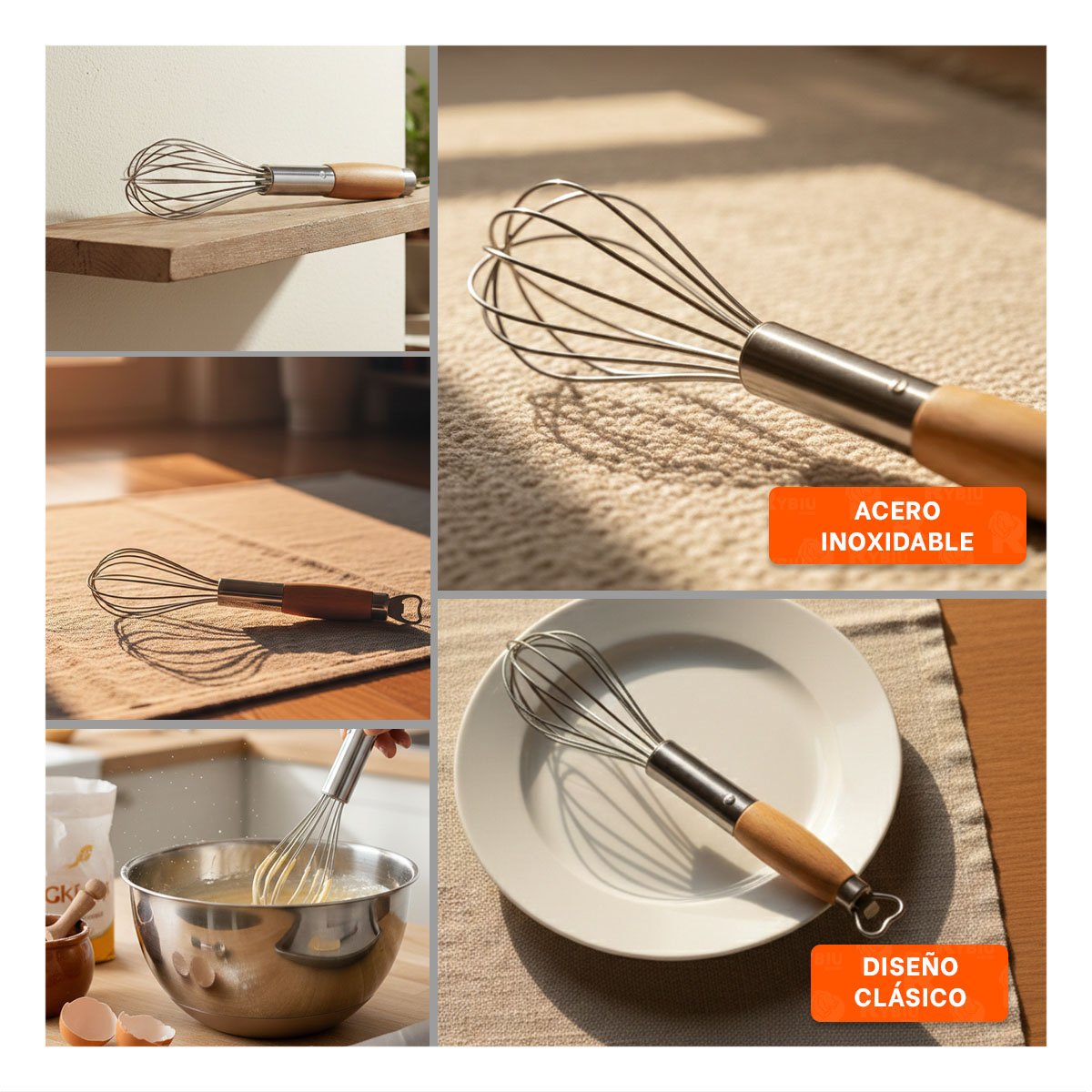 HERRAMIENTA PARA COCINA PLATEADA CON MANGO DE MADERA ERGONÓMICO Y+LIGAS REGALO - 5