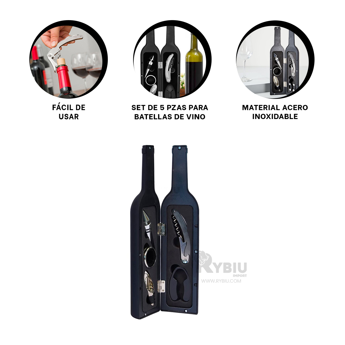SET ACCESORIOS COCINA RYBIU CO30364 NEGRO DESTAPAR VINOS + REGALO LIGAS PEINAR - 1