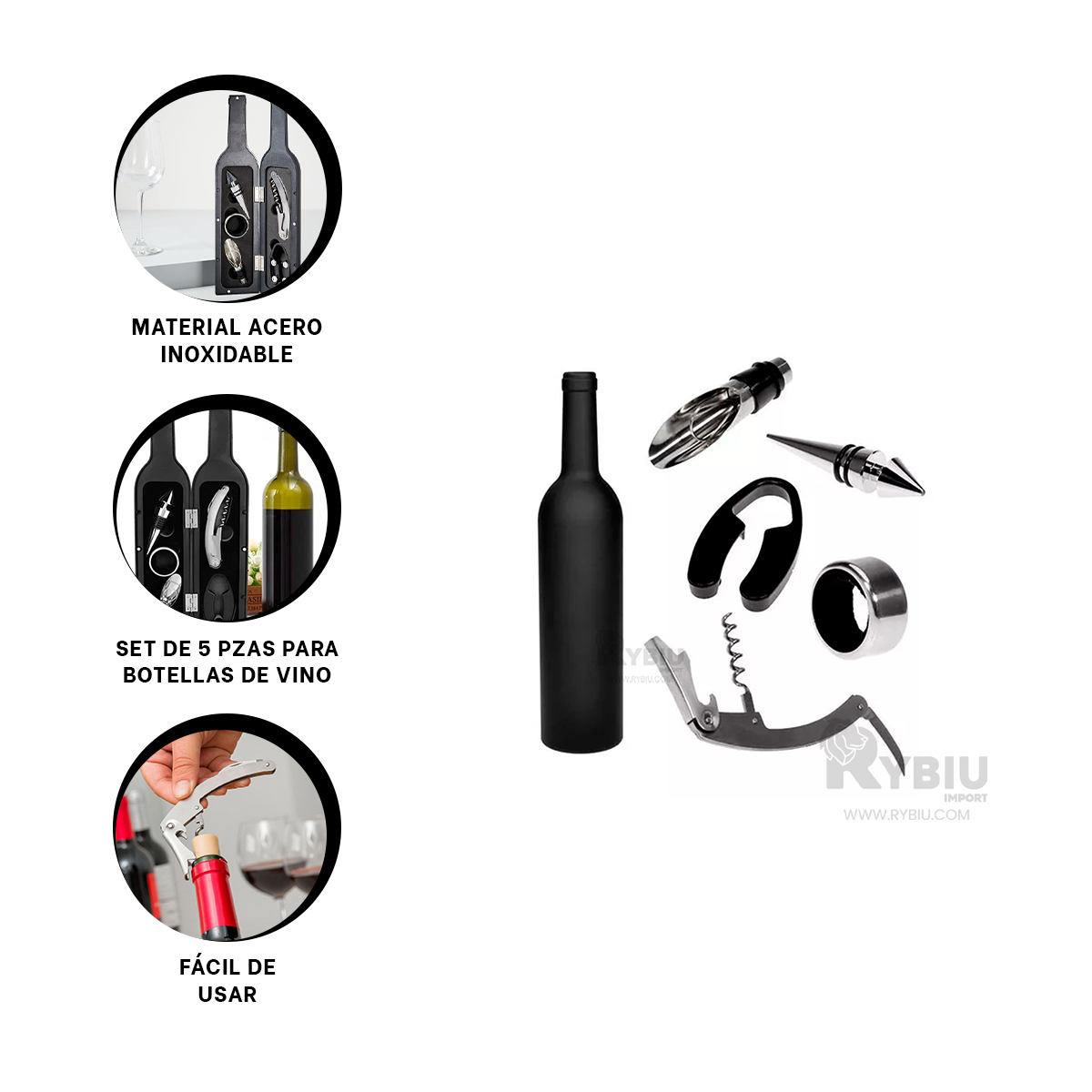 SET ACCESORIOS COCINA RYBIU CO30364 NEGRO DESTAPAR VINOS + REGALO LIGAS PEINAR - 4