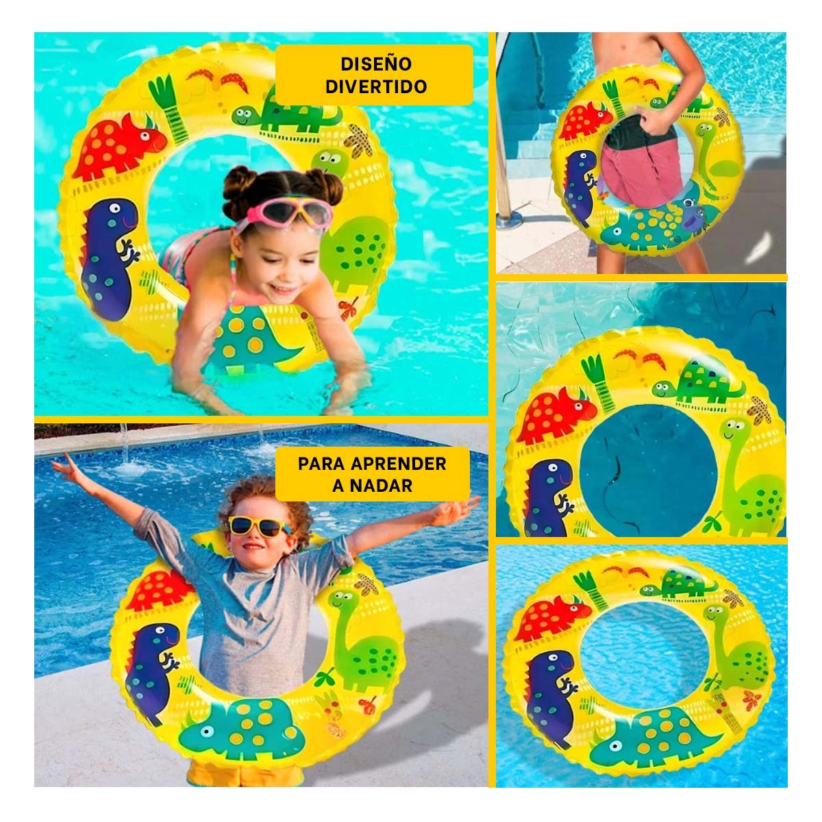 FLOTADOR CIRCULAR AMARILLO DE 61 CM CON DISENO ALEGRE DE DINOSAURIO PARA PISCINA Y+LIGAS REGALO - 5