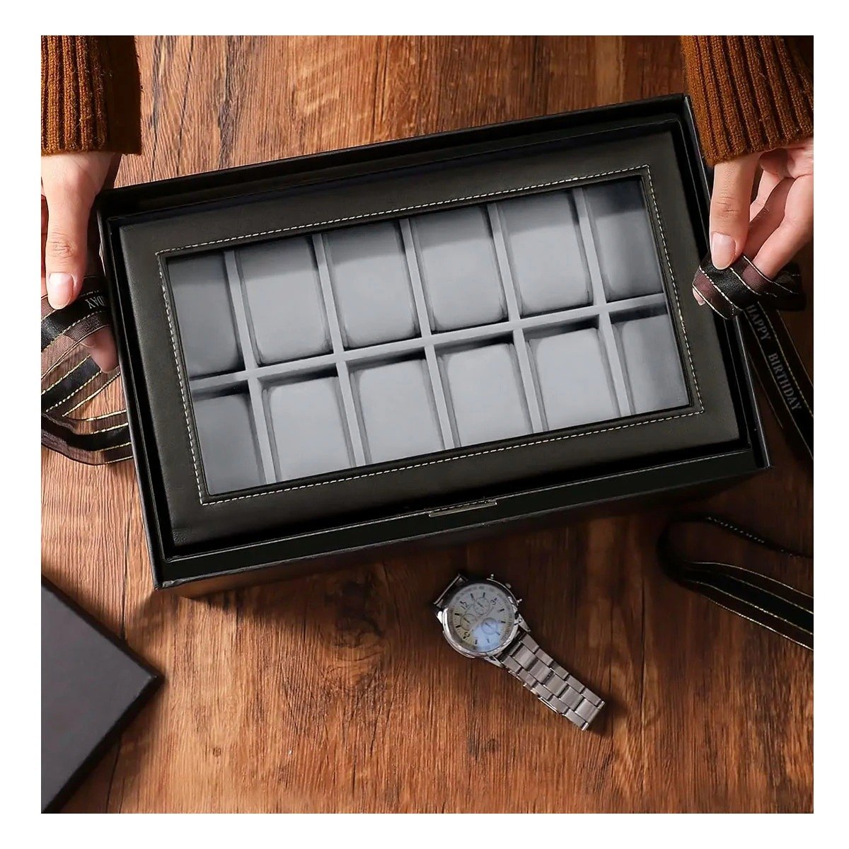 SET ORGANIZADOR RYBIU BE32341 NEGRO CAJA VERSATIL GUARDAR RELOJES + LIGAS REGALO - 1