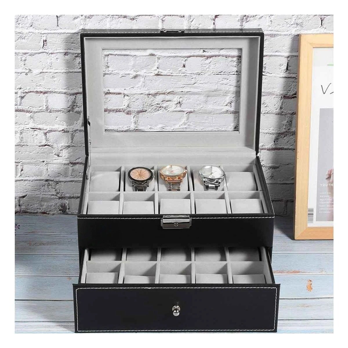 SET ORGANIZADOR RYBIU BE32341 NEGRO CAJA VERSATIL GUARDAR RELOJES + LIGAS REGALO - 2