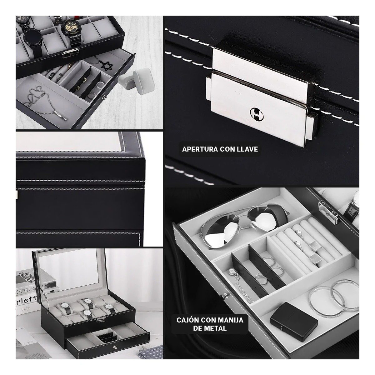 SET ORGANIZADOR RYBIU BE32341 NEGRO CAJA VERSATIL GUARDAR RELOJES + LIGAS REGALO - 5