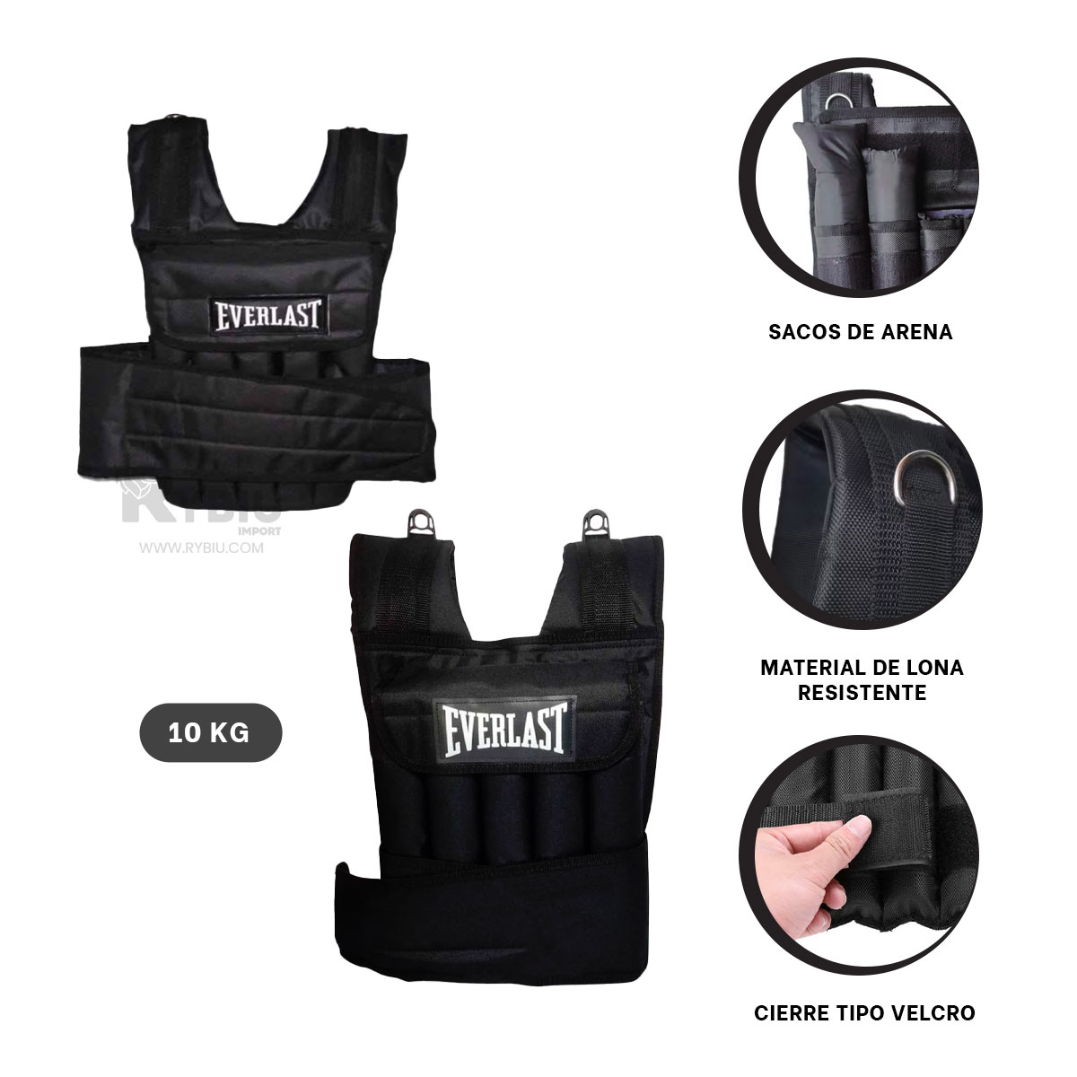 PECHERA RYBIU 10KG NEGRO CROSSFIT CON VELCRO + REGALO STICKERS - 3