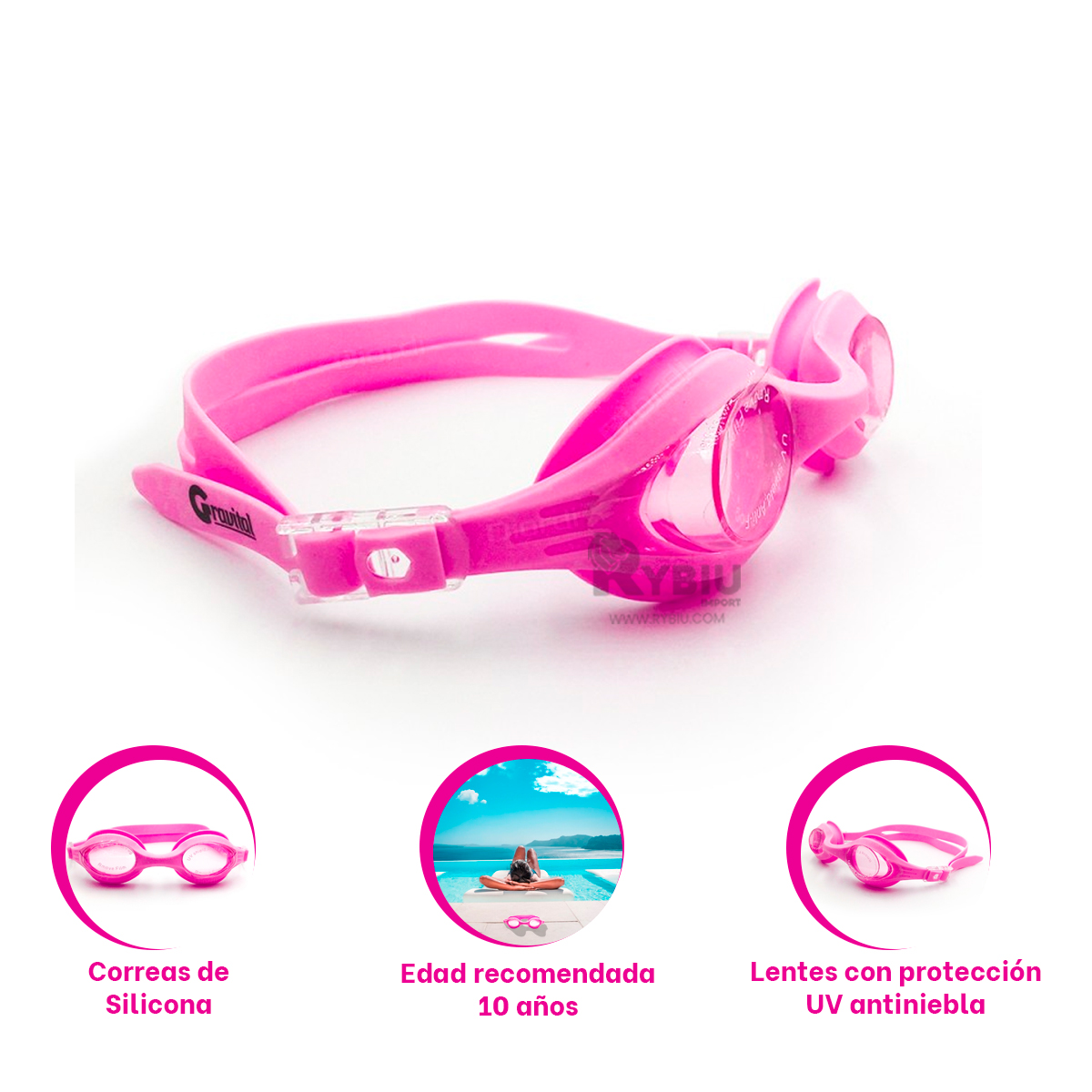 ANTEOJOS RYBIU MG-FD590 ROSADO ENTRENAMIENTO BUCEO + REGALO STICKERS - 2
