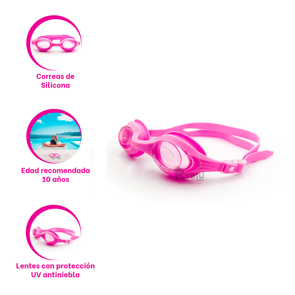 ANTEOJOS RYBIU MG-FD590 ROSADO ENTRENAMIENTO BUCEO + REGALO STICKERS - 3
