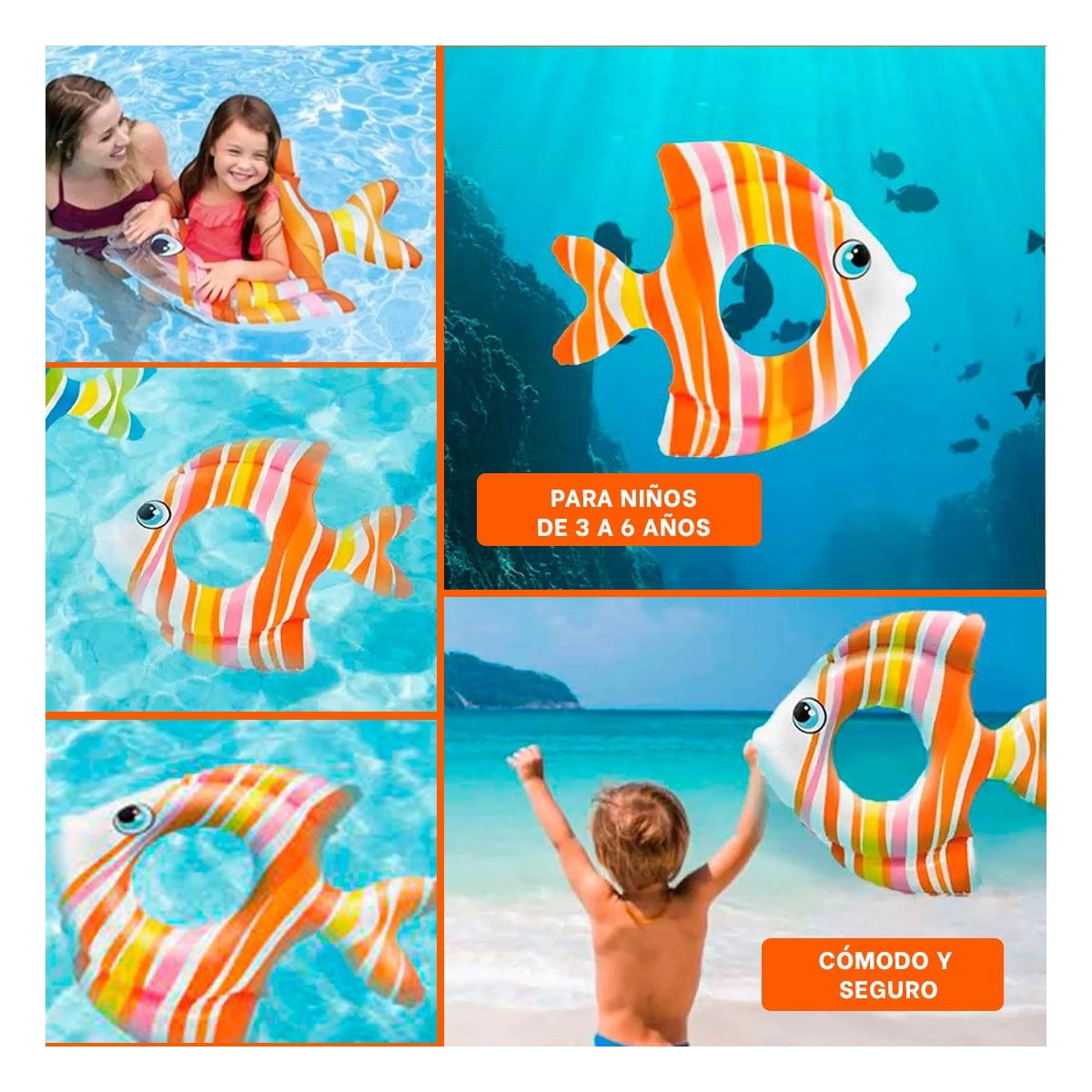 JUGUETE INFLABLE DIVERTIDO ANARANJADO PEZ RAYADO 83 X 81 CM PARA PISCINA Y+LIGAS REGALO - 5