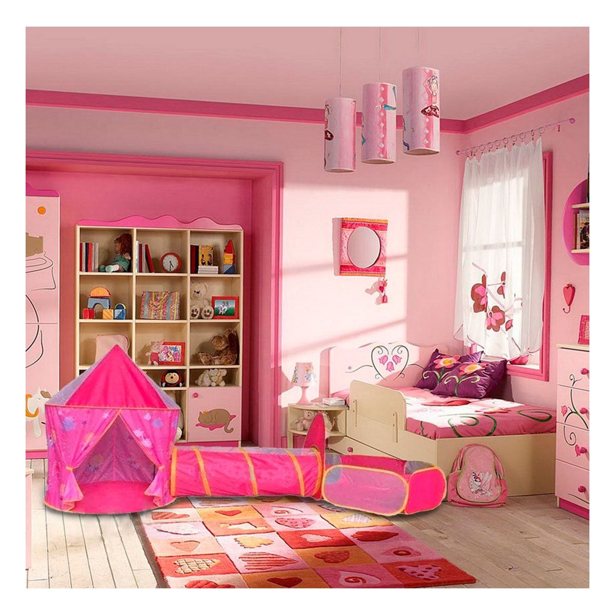 TIENDA RESISTENTE 3 PIEZAS CON TECHO SEGURO Y COLORES ALEGRES ROSADO Y+POST IT - 3