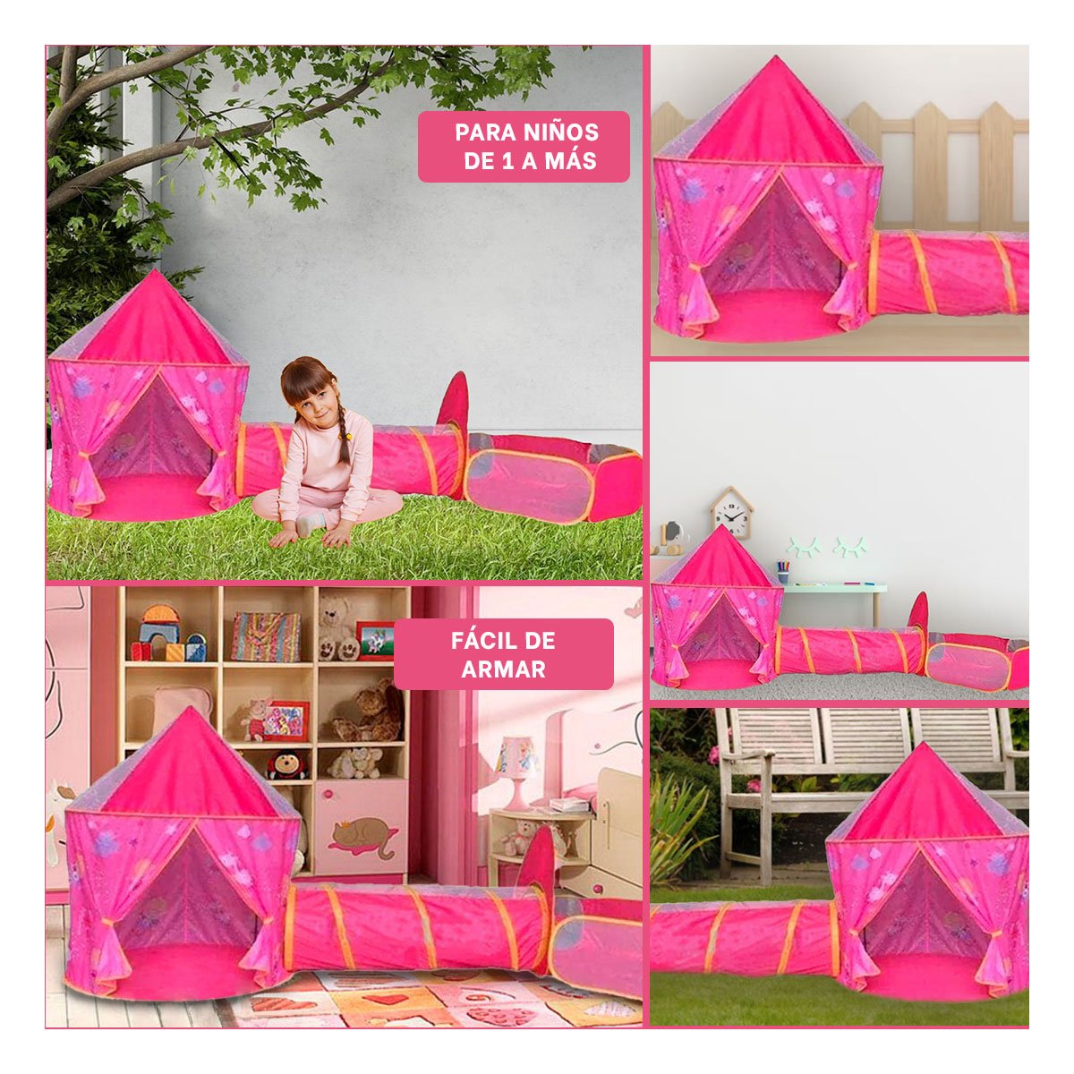 TIENDA RESISTENTE 3 PIEZAS CON TECHO SEGURO Y COLORES ALEGRES ROSADO Y+POST IT - 5