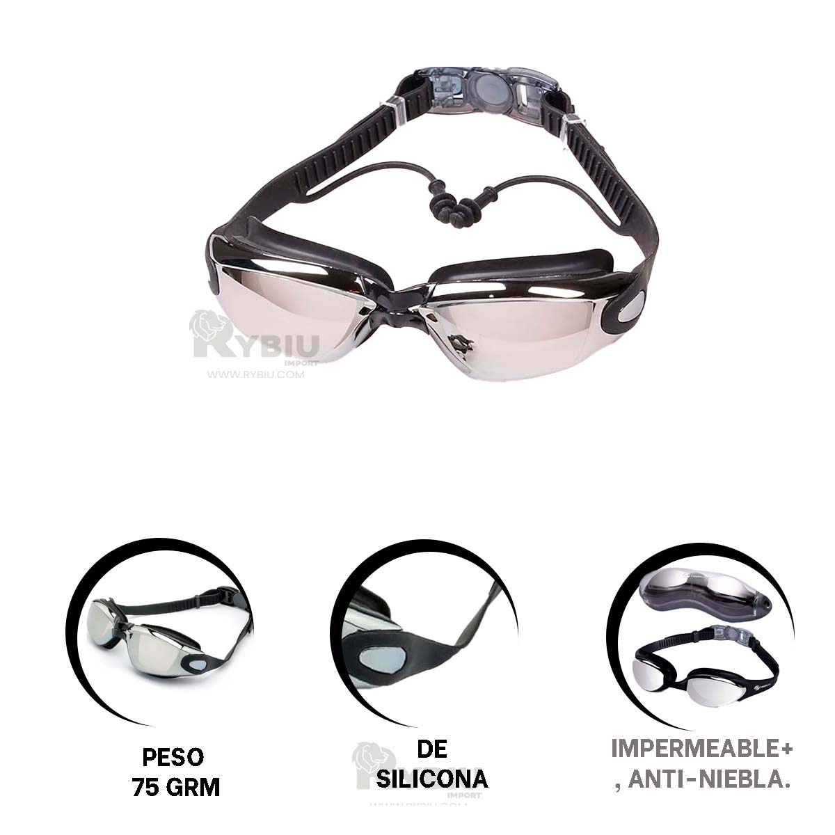 LENTES NATACIÓN RYBIU MG-HN72A LIVIANOS DEPORTISTA NEGRO + GIFT STICKERS - 3