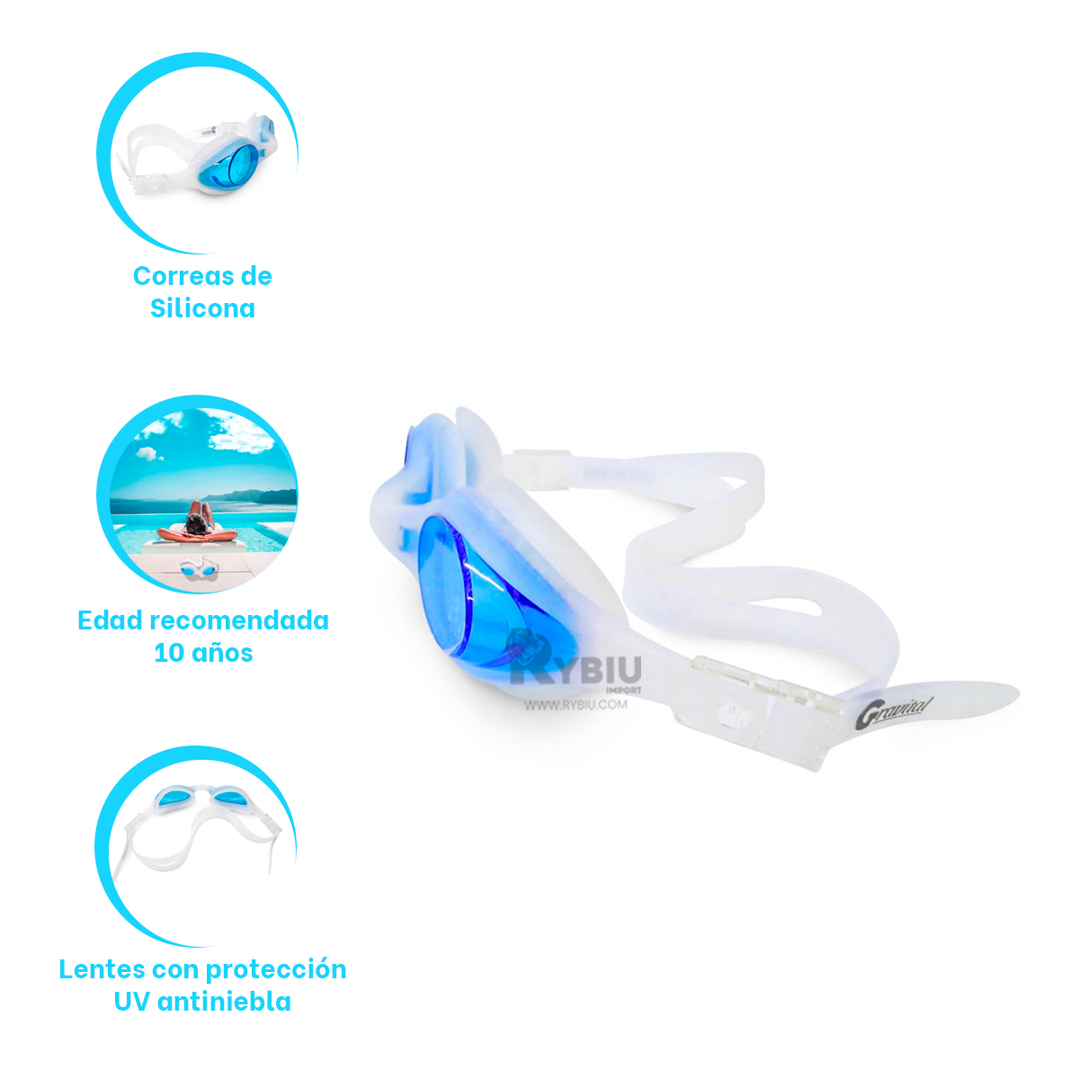 GAFAS NATACION RYBIU MG-FD590 CELESTE EFICIENTES + REGALO LIGAS PEINAR - 3