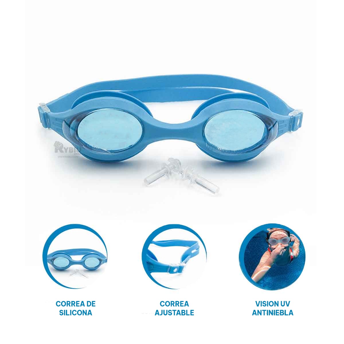 GAFAS NATACION RYBIU MG-F268A CELESTE EFICIENTES + REGALO LIGAS PEINAR - 1