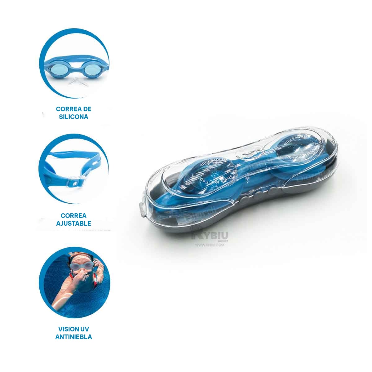 GAFAS NATACION RYBIU MG-F268A CELESTE EFICIENTES + REGALO LIGAS PEINAR - 3