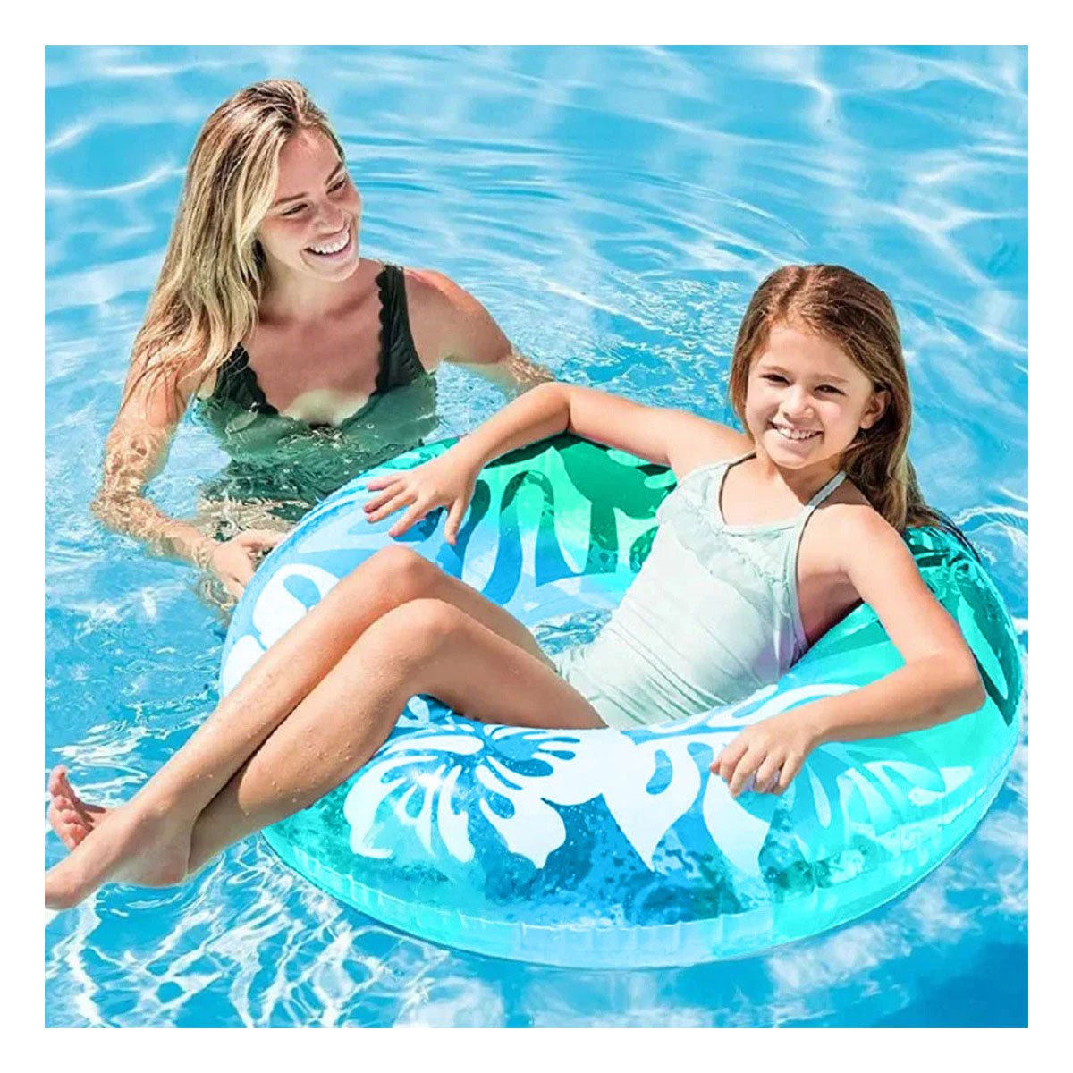 FLOTADOR CIRCULAR CELESTE DE 91 CM CON DISENO FLORAL MARINO PARA PISCINA Y+LIGAS REGALO - 2