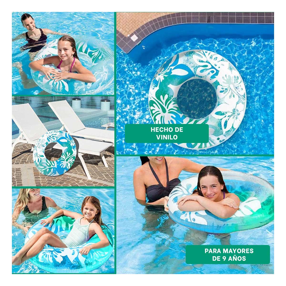 FLOTADOR CIRCULAR CELESTE DE 91 CM CON DISENO FLORAL MARINO PARA PISCINA Y+LIGAS REGALO - 5