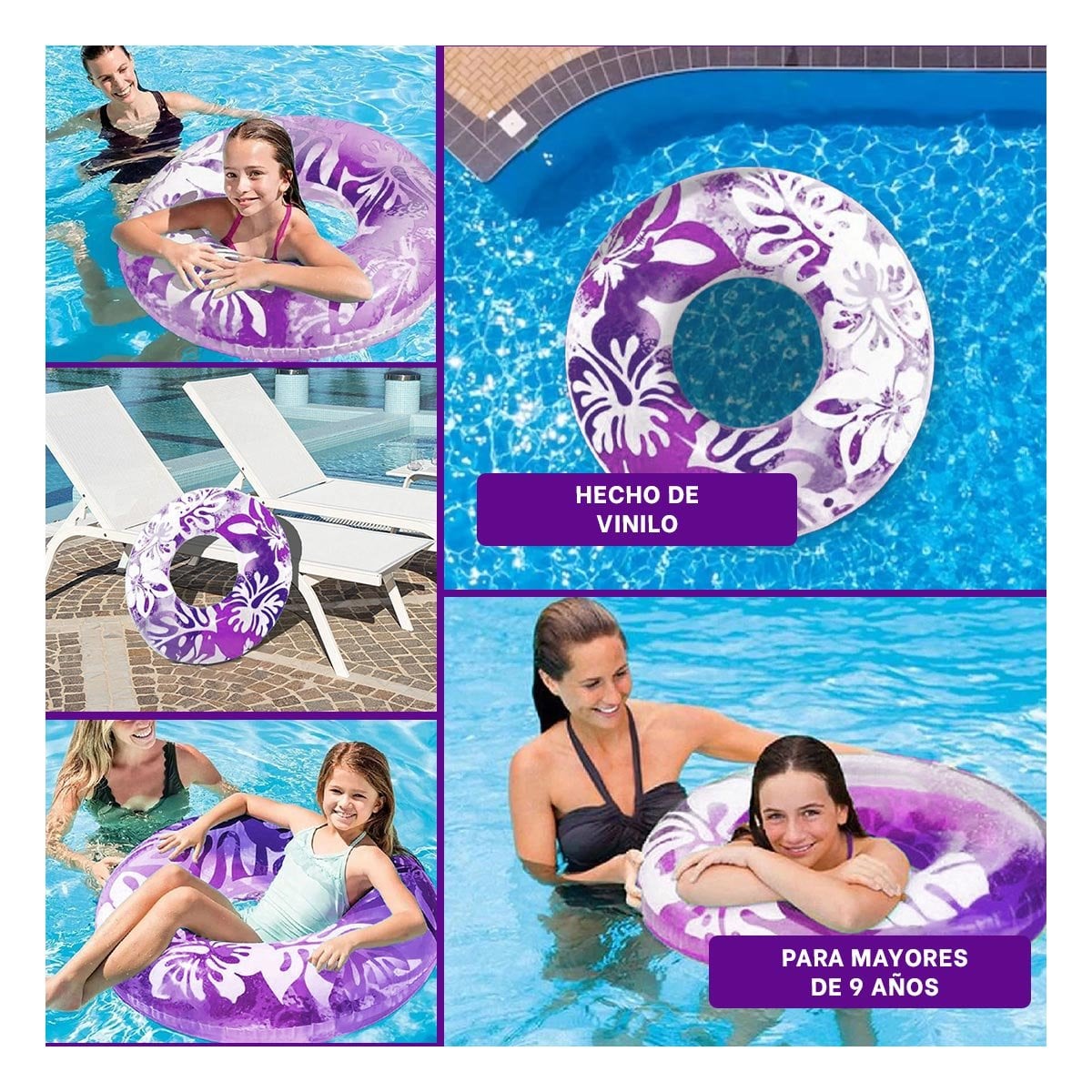 FLOTADOR CIRCULAR MORADO DE 91 CM CON DISENO FLORAL MARINO PARA PISCINA Y+LIGAS REGALO - 5