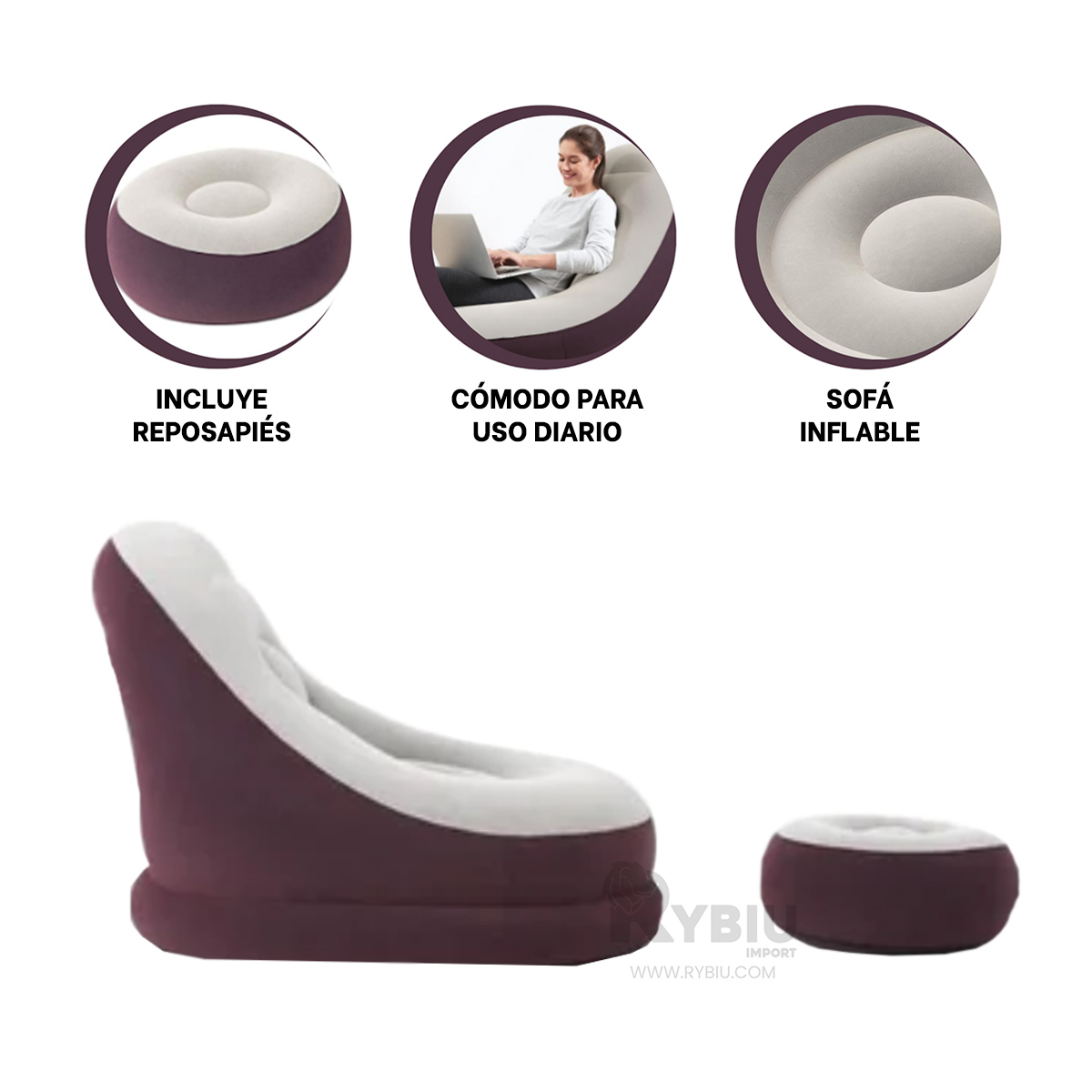 SOFA RYBIU DE MONTAJE RAPIDO DE GUINDA OSCURO + PAPEL DE REGALO - 3
