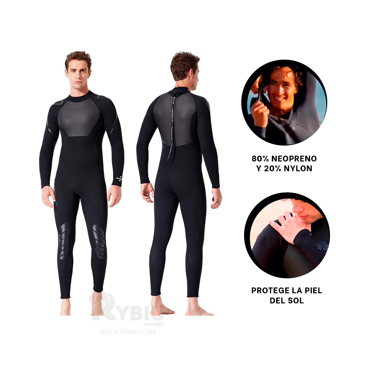 TRAJE BAÑO NATACIÓN HOMBRE RYBIU 61130-H 3.3MM NEGRO APTA NADAR + REGALO LIGAS PEINAR - 1