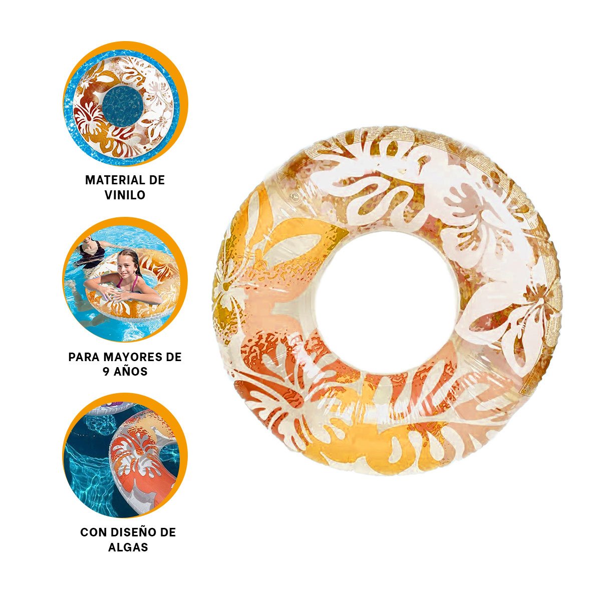 FLOTADOR CIRCULAR ANARANJADO DE 91 CM CON DISENO FLORAL MARINO PARA PISCINA Y+LIGAS REGALO - 3