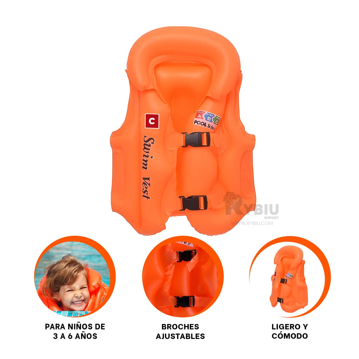 SALVAVIDAS RYBIU MG-4001A NARANJA SEGURO PISCINA + REGALO STICKERS - 3