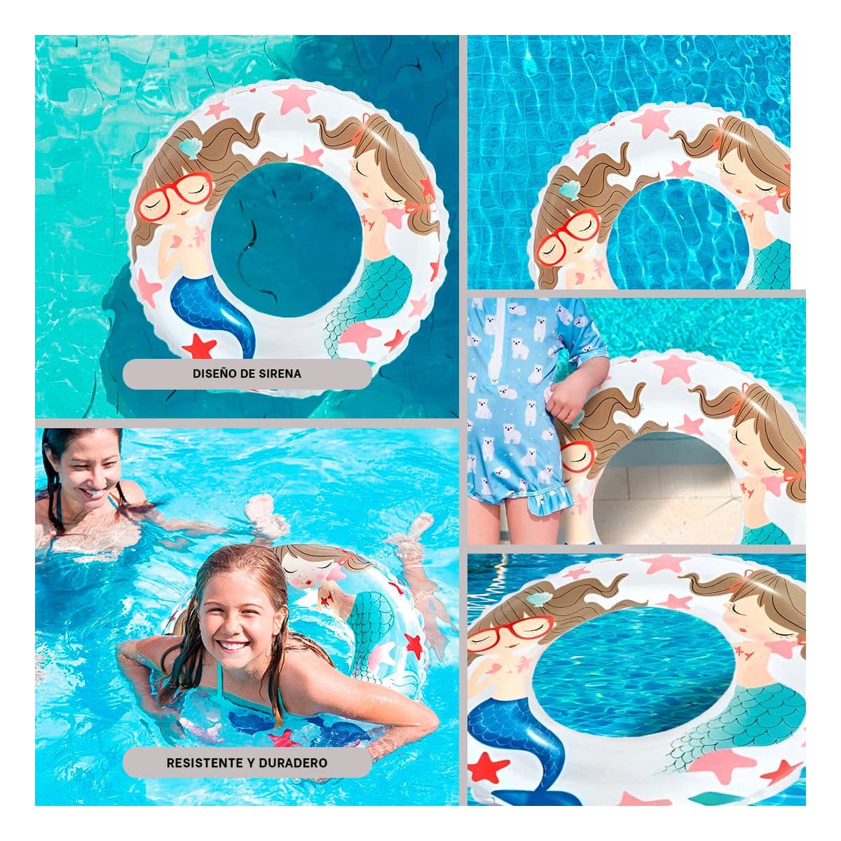 FLOTADOR CIRCULAR BLANCO DE 61 CM CON DISENO ALEGRE DE SIRENA PARA PISCINA Y+LIGAS REGALO - 5