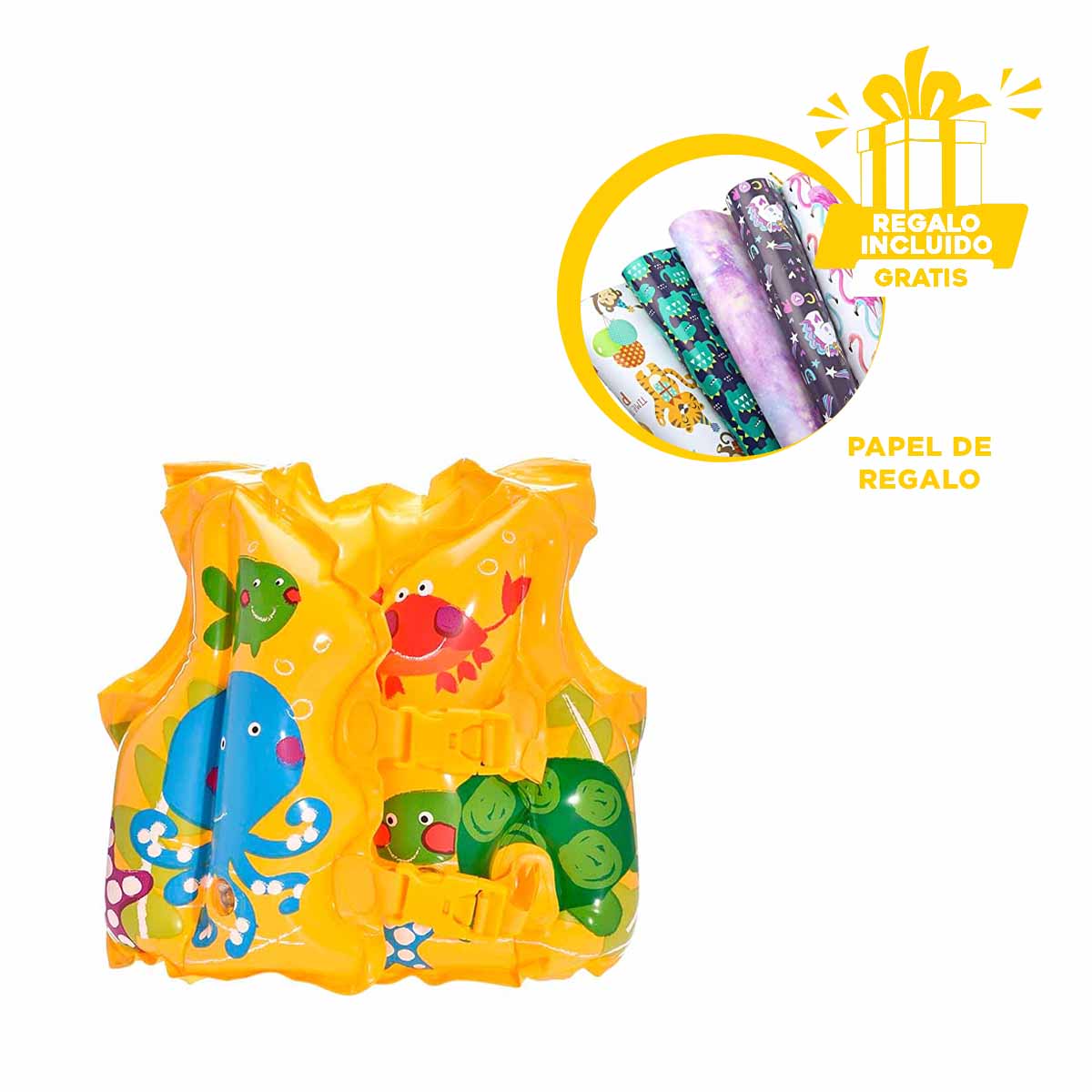 CHALECO INFLABLE PARA PEQUEÑAS EN AMARILLO Y+PAPEL DE REGALO - 1