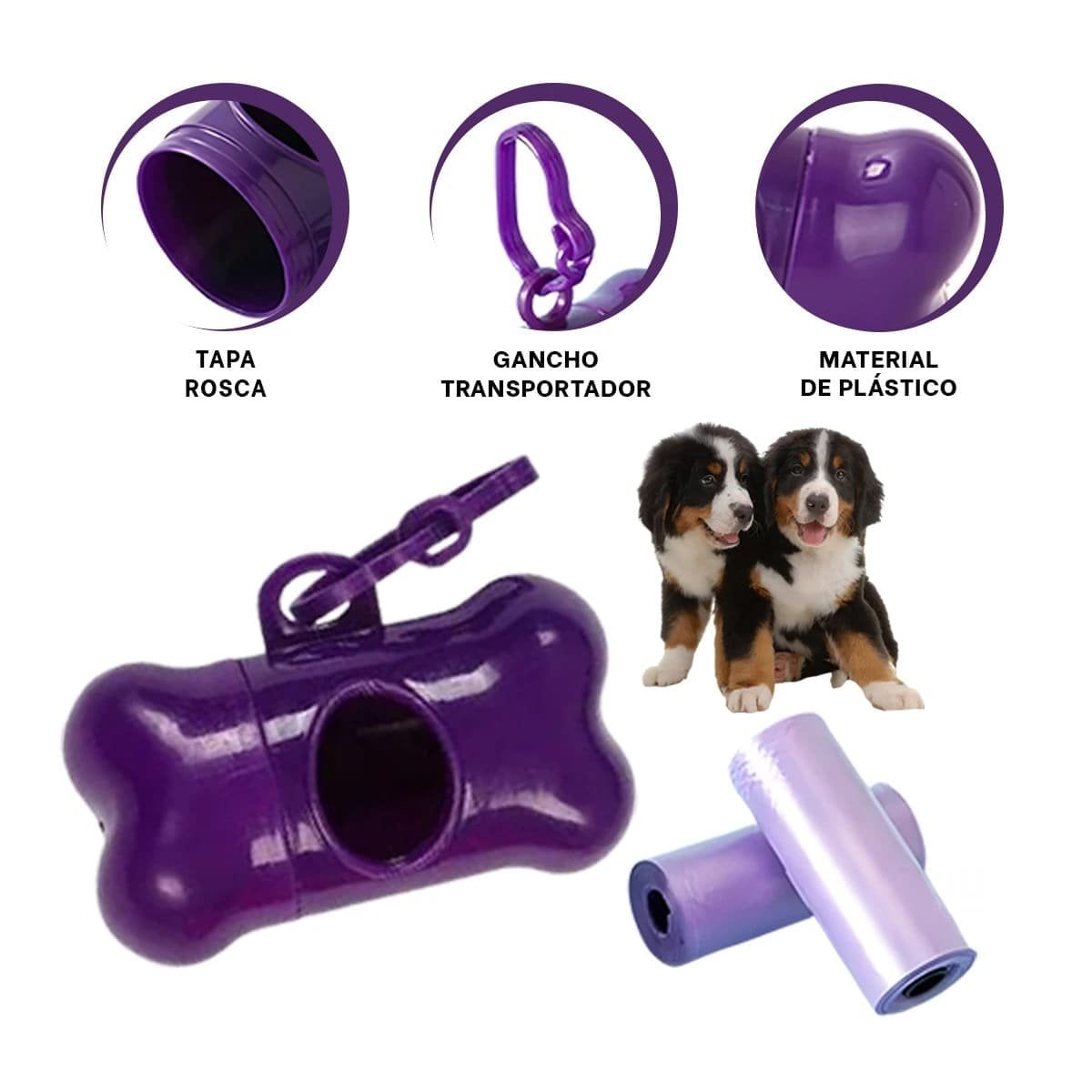 PORTA BOLSAS CANINO MORADO TIPO HUESO CON SISTEMA DE EXTRACCION FACIL - 3